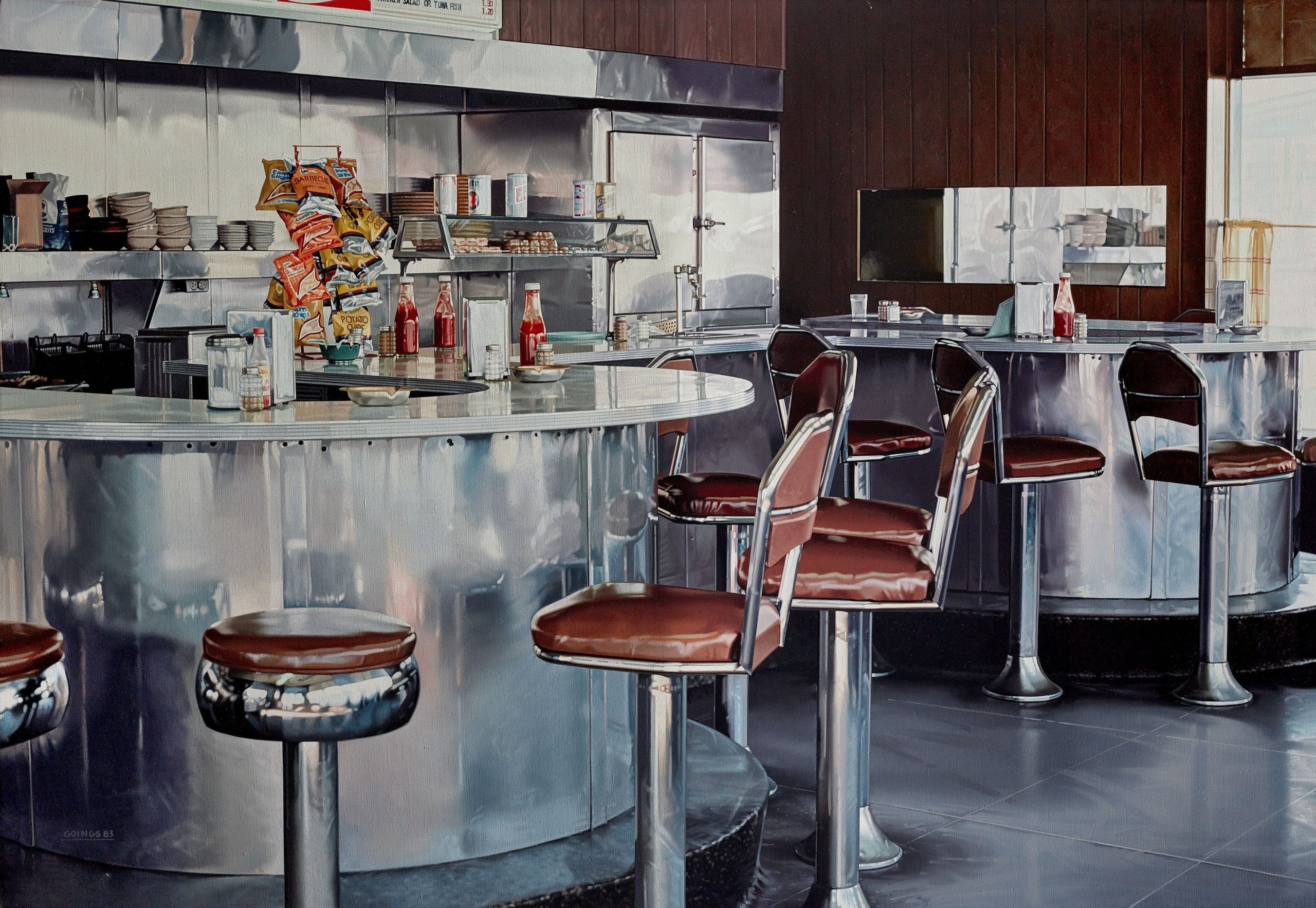 Ralph Goings, Richmond Diner, 1983, Öl auf Leinwand, 101,6 × 147,3 cm, Waddington Custot, London, Paris, Dubai © 2026 Ralph Goings, Goings Family Estate, Foto: Waddington Custot